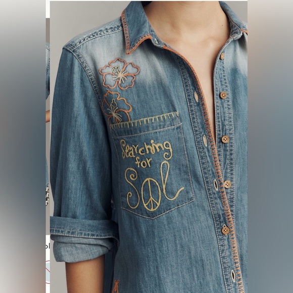 Pilcro Long-Sleeve Embroidered Icon Denim Buttondown Shirt from Anthropologie M - Picture 3 of 8